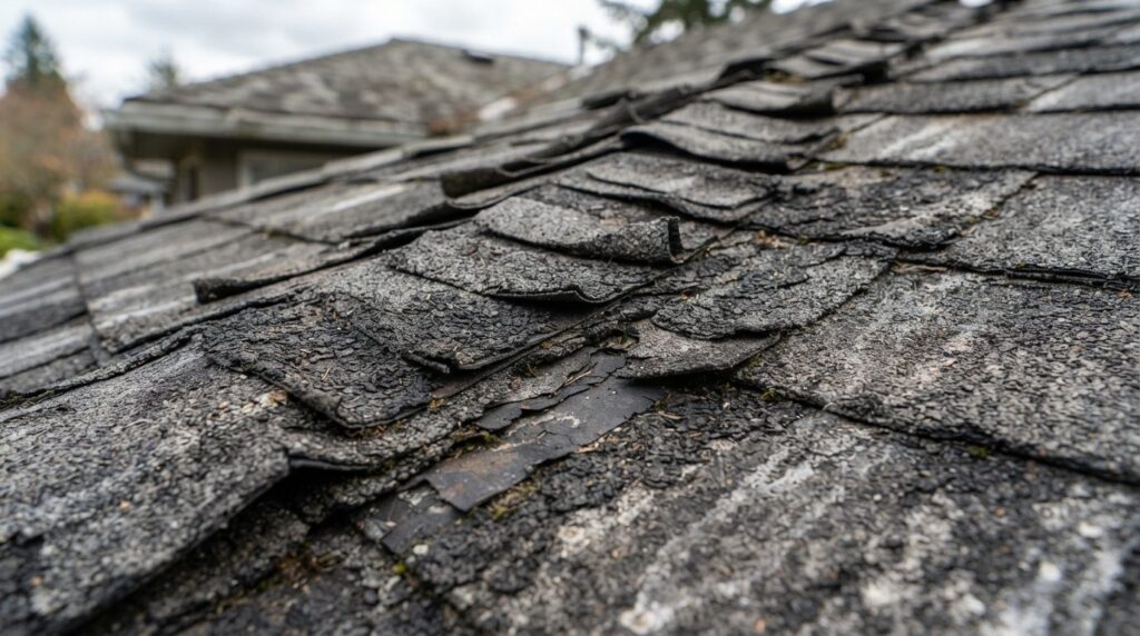 Detailed close-up stock photo of damaged roof shingles showi