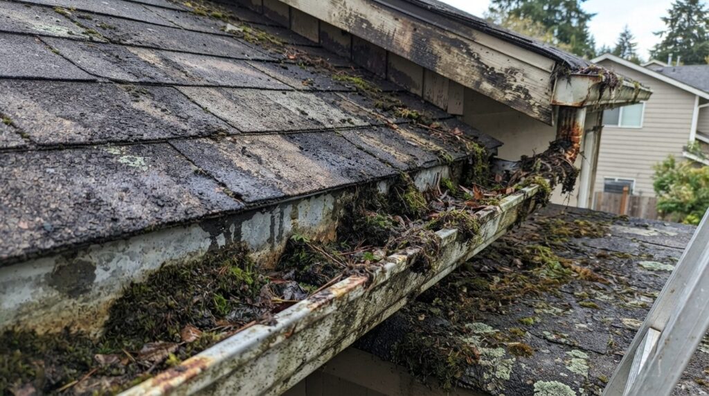 Stock photo of roof gutters filled with moss, algae stains,