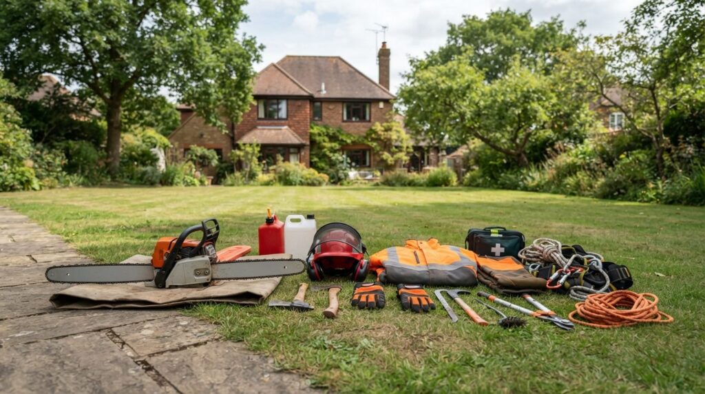 Close-up realistic photo of tree removal equipment and tools