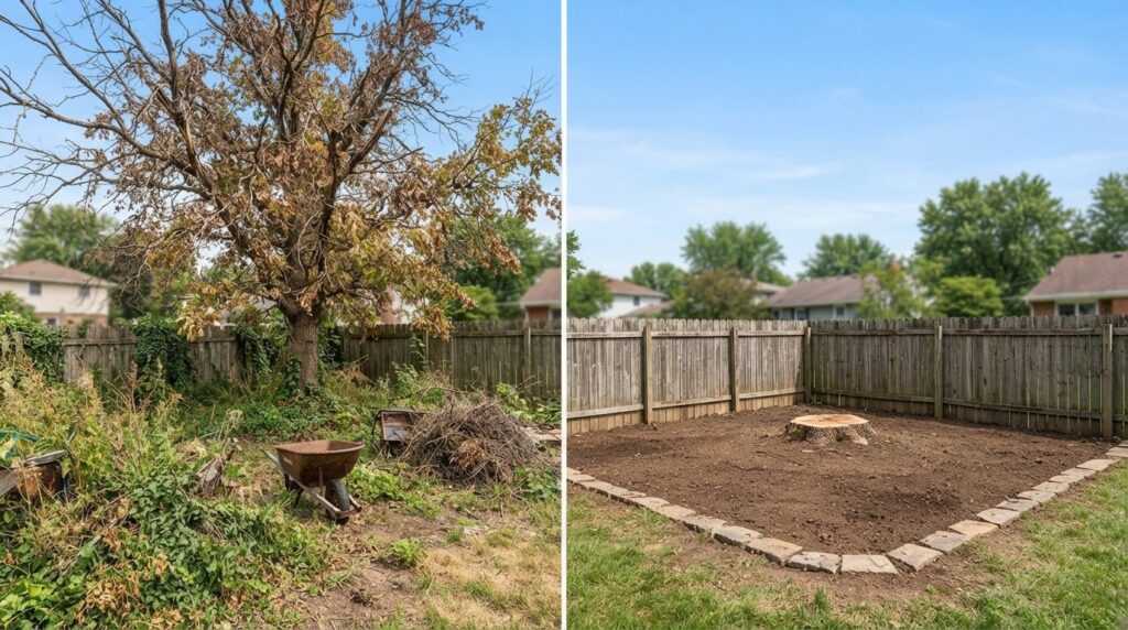 Before and after style split image showing diseased tree wit
