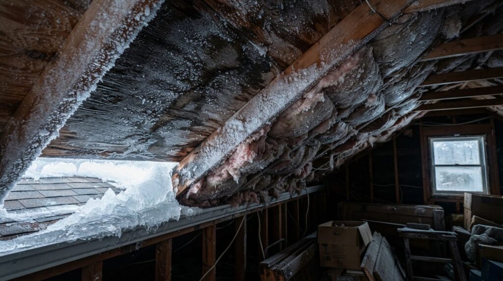 Realistic photograph of ice dam formation and frost accumula