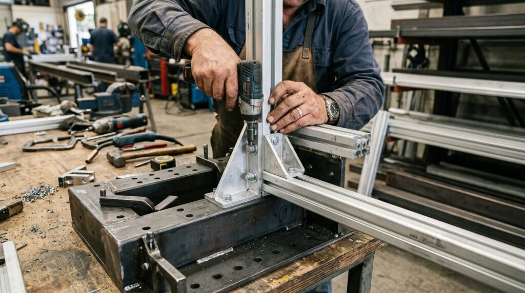 Construction worker hands assembling metal components in a p