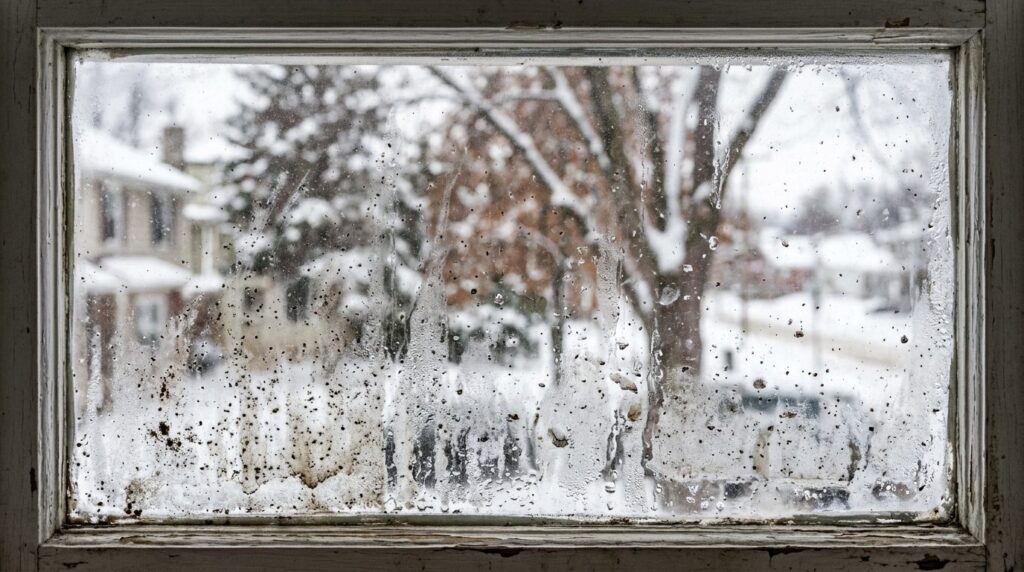 Close-up professional photograph of dirty winter window glas