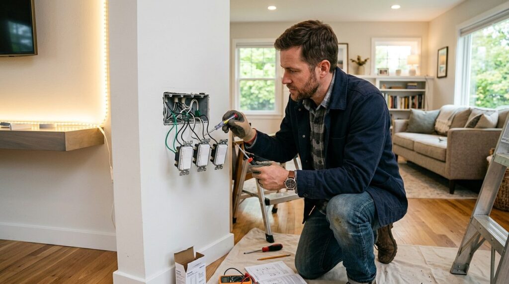 Detailed stock photo of male homeowner troubleshooting LED l