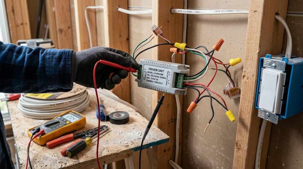 Close-up technical photograph of LED driver unit and electri