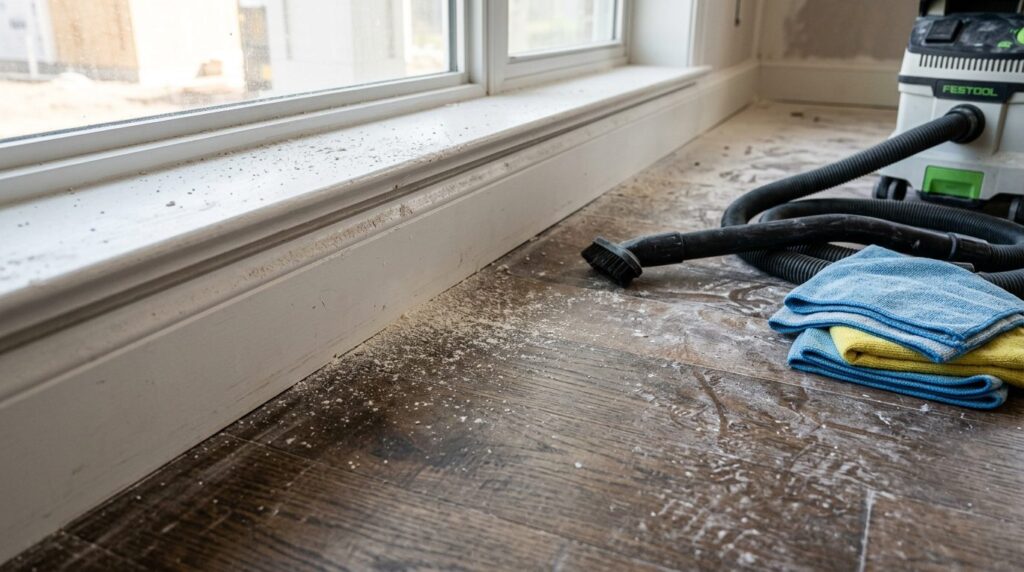 Close-up detail of construction dust on wooden floor, window