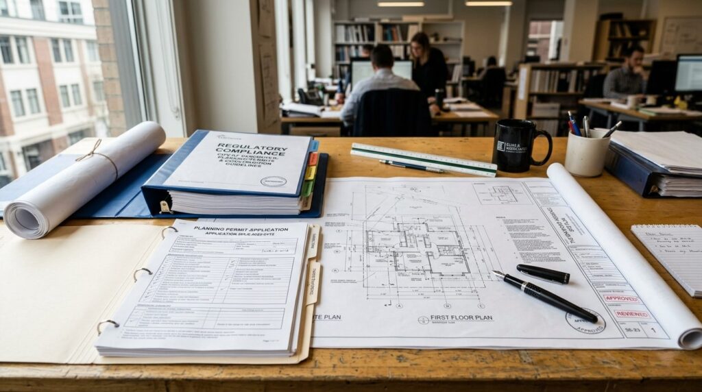 Close-up of an architects desk with building blueprints, re