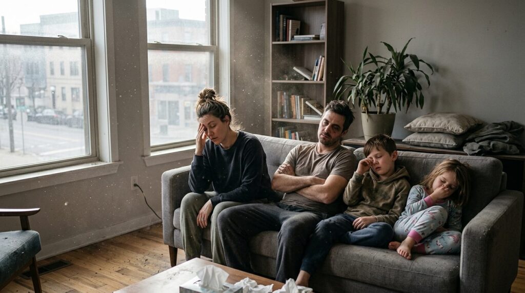 Photorealistic image of a family in a modern living room loo