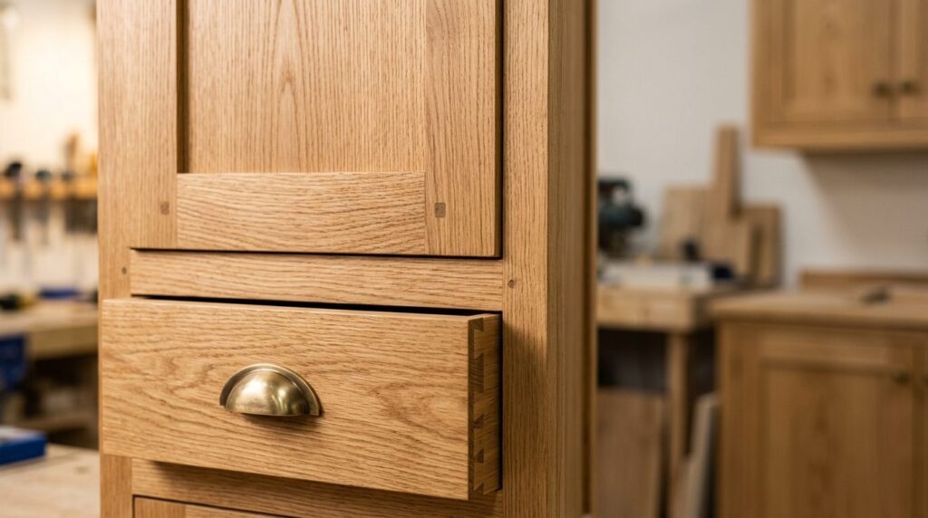 Close-up detail shot of solid oak wood kitchen cabinet doors