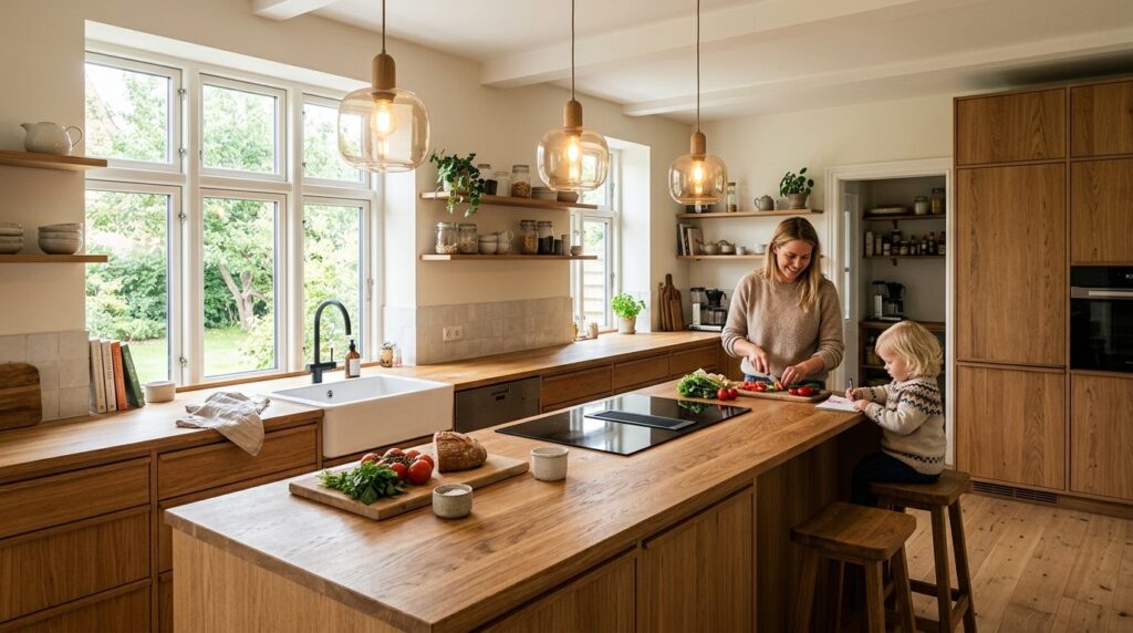 Bright Scandinavian kitchen workspace with solid oak wood wo