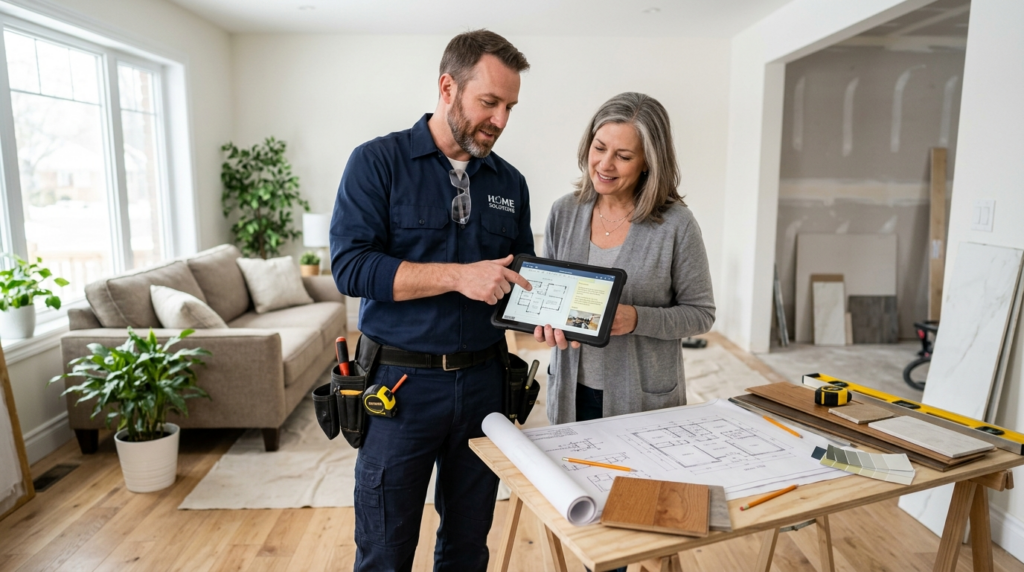 Skilled handyman or contractor in work uniform holding table