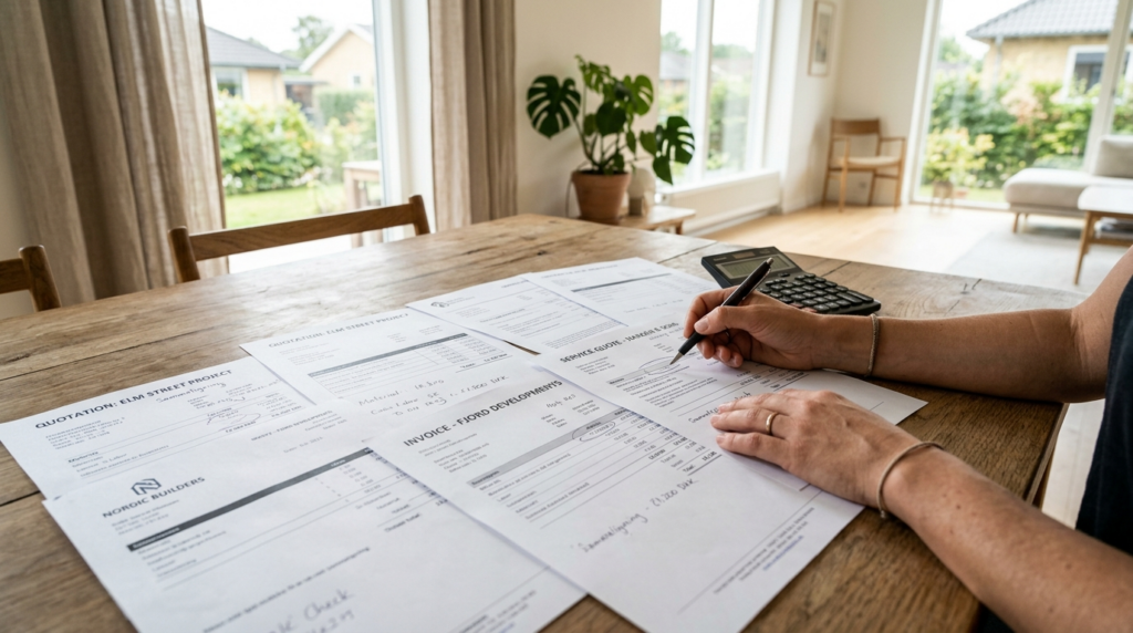 Close-up of hands comparing price quotes and service invoice