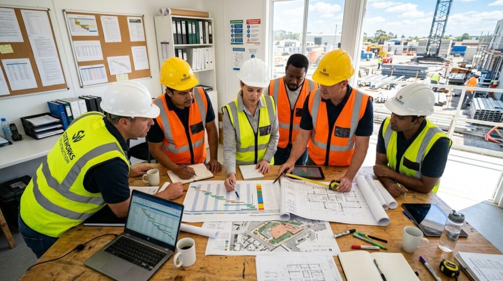 Overhead view of a small construction team gathered around a