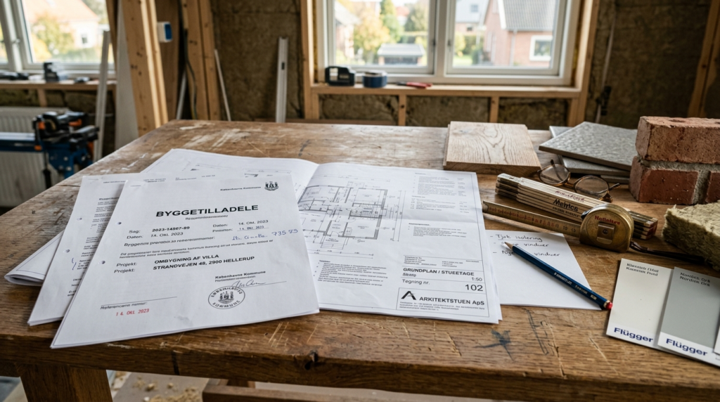 Close-up of building permits and documentation spread on woo