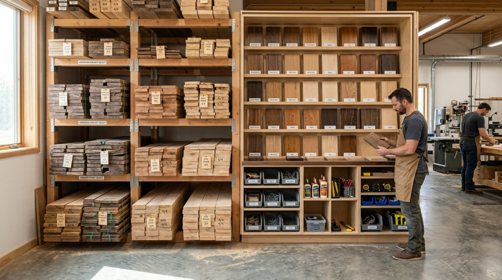 Organized storage of premium timber materials, wood samples
