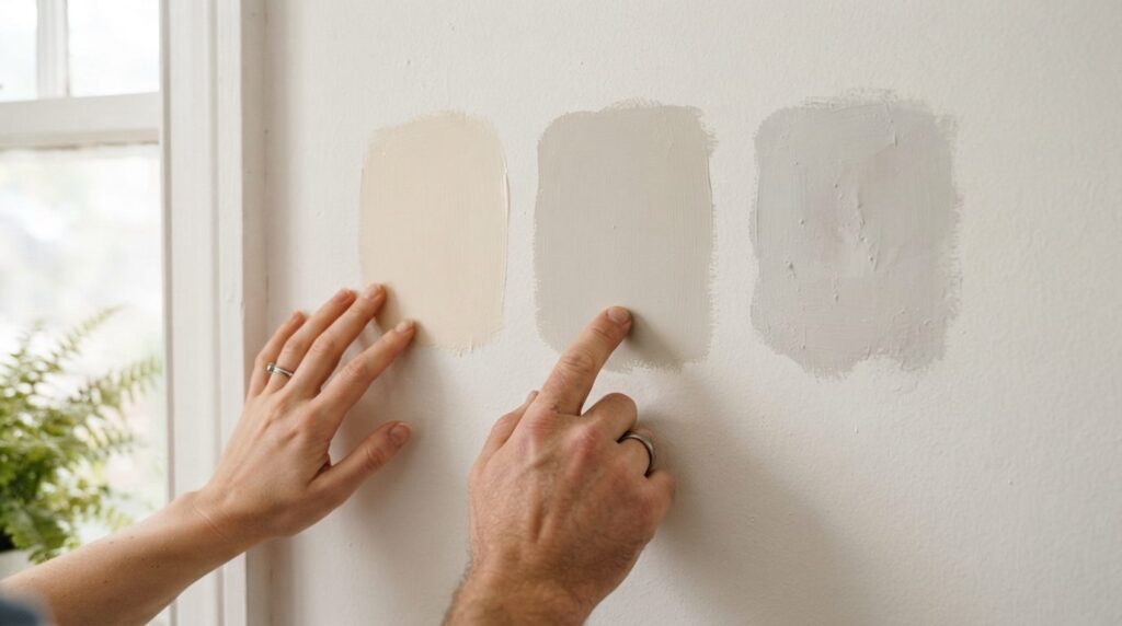Close-up of three different paint color samples on white wal