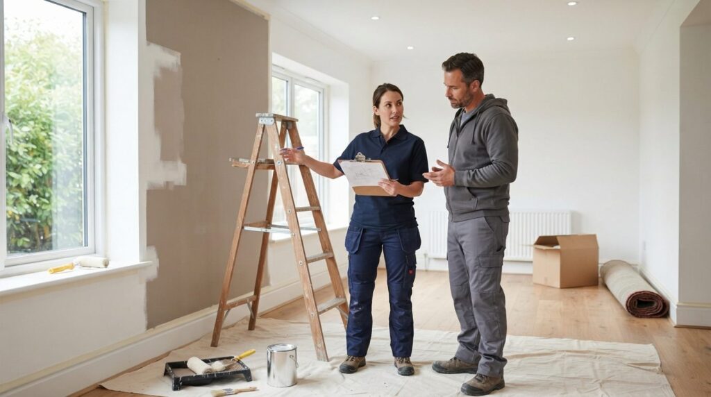 Two professional painters working on interior wall renovatio