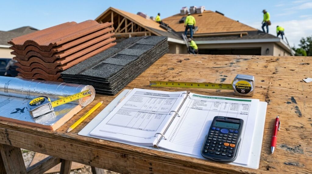 Close-up photorealistic image of roofing materials and costs