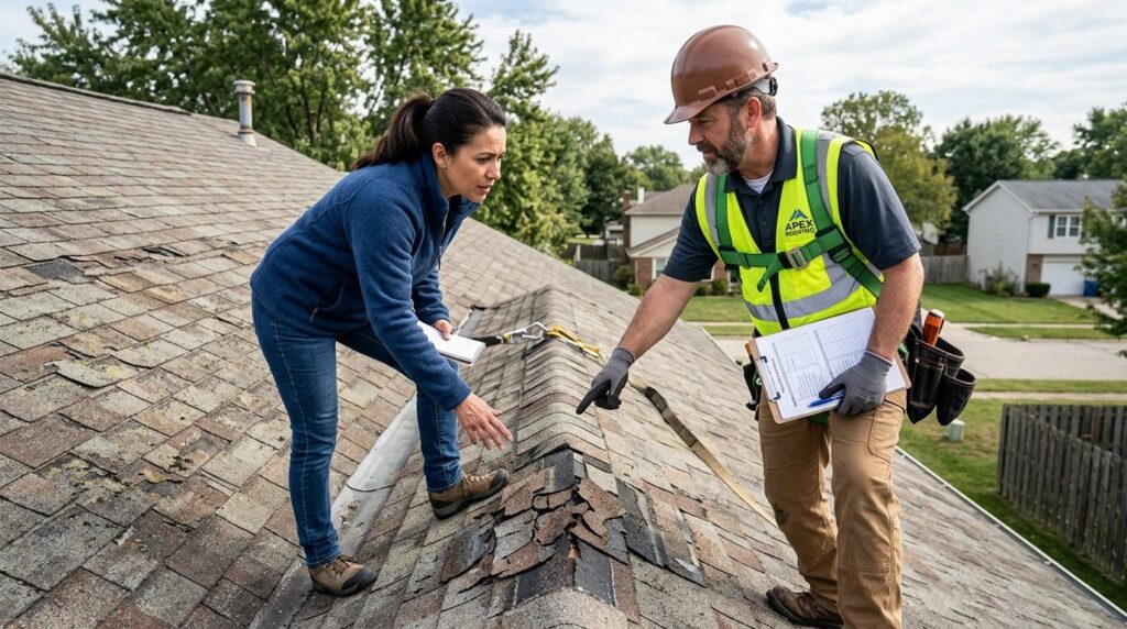 Detailed photorealistic image of a homeowner examining their