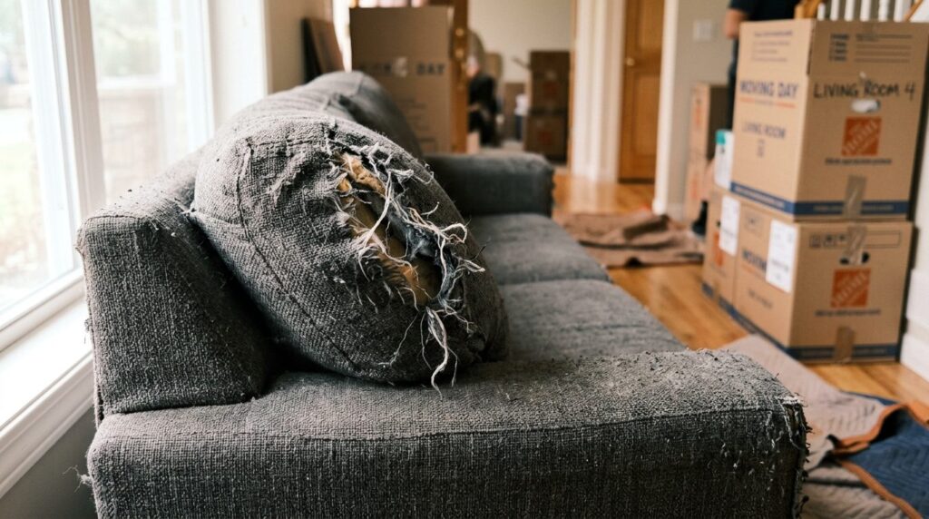 Close-up stock photo of a damaged sofa arm with a visible te