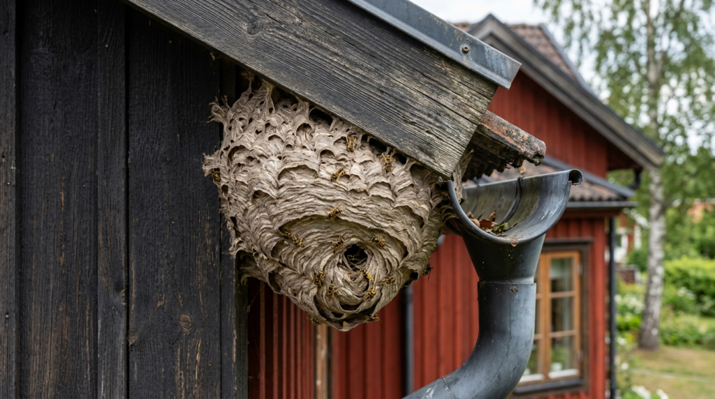 Close-up detail of an active wasp nest attached to a residen