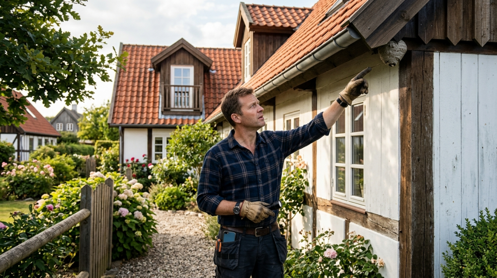 Male homeowner inspecting the exterior of his Fyn-style hous