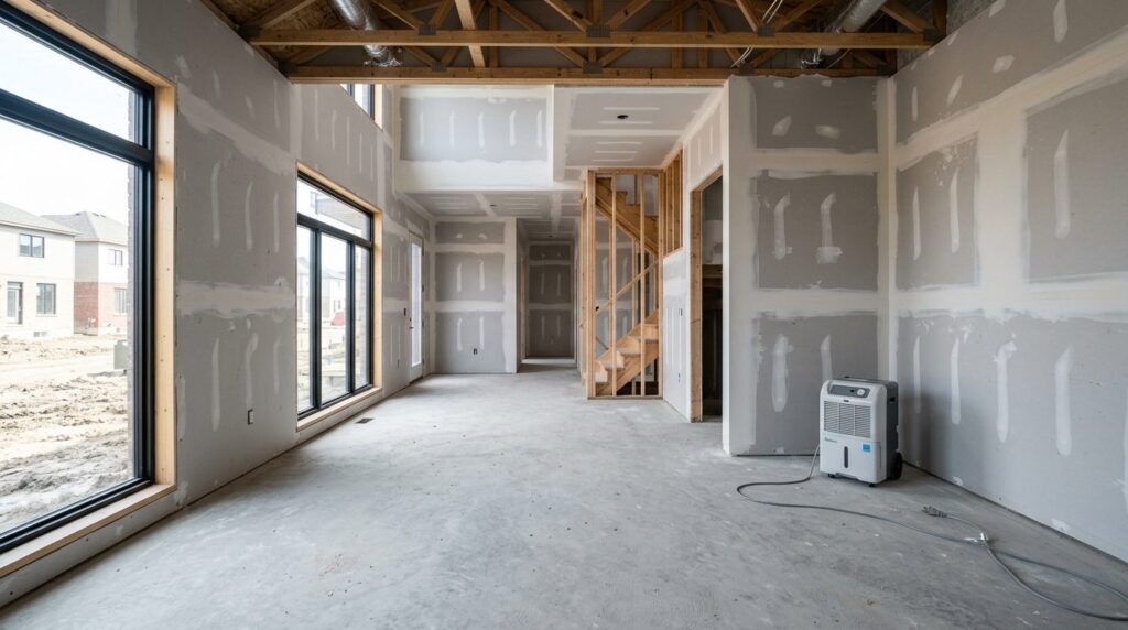 Wide shot of a newly constructed house interior with concret