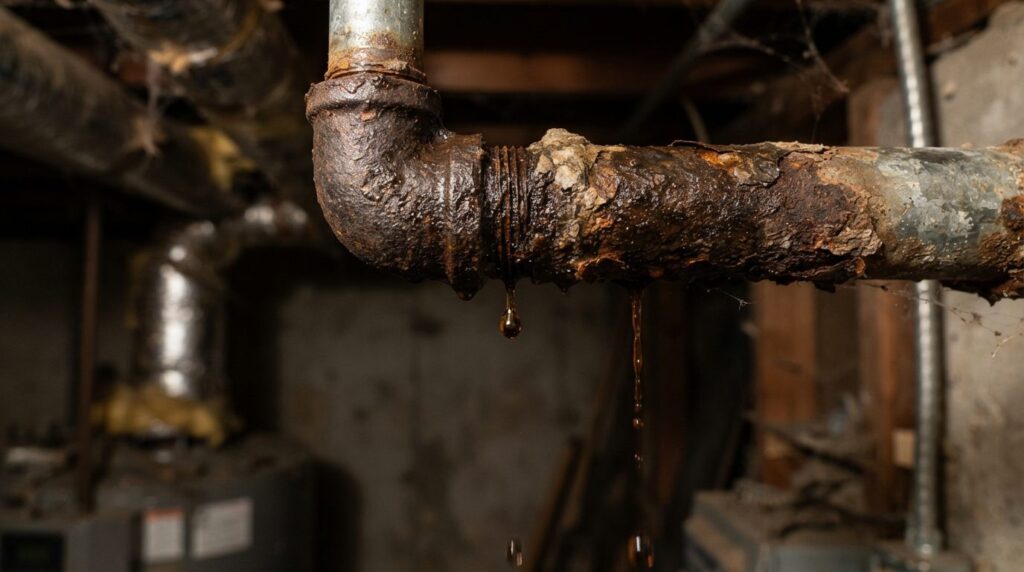 Close-up of rusty water dripping from a corroded water heate