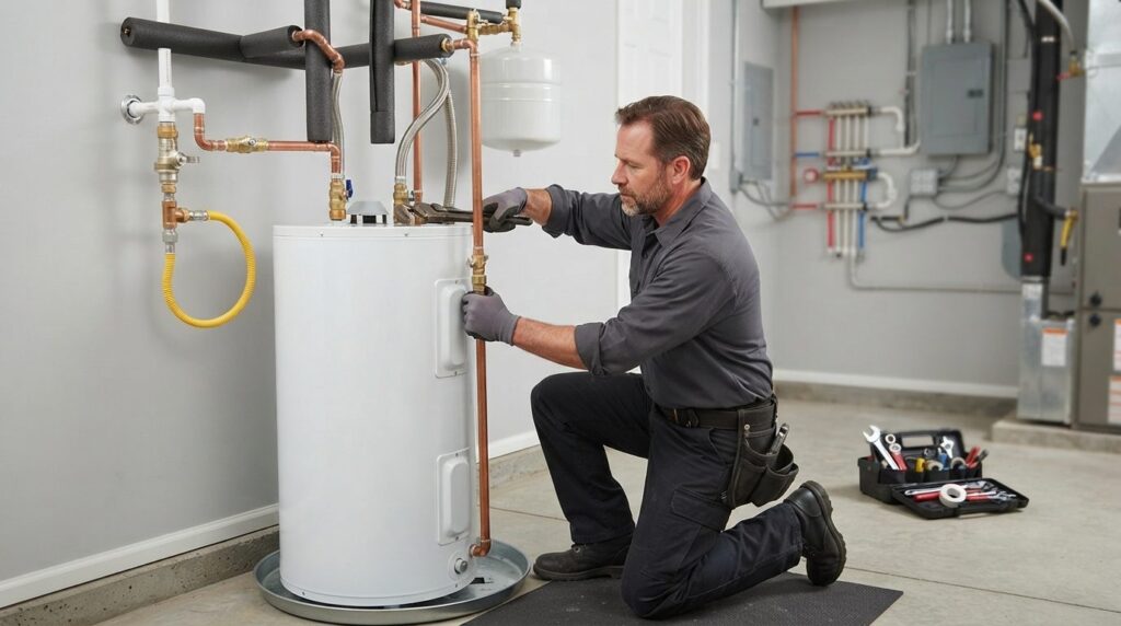 Modern new water heater installation in a residential home, 