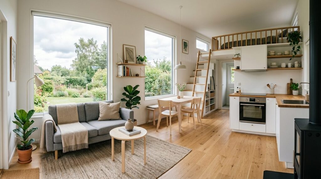 Wide angle interior photograph of a compact, efficiently des