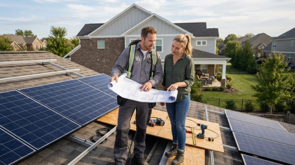Homeowner and certified electrician collaborating on rooftop