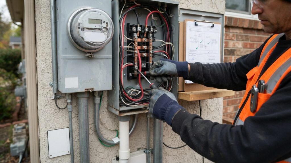 Close-up of certified electrician performing grid connection