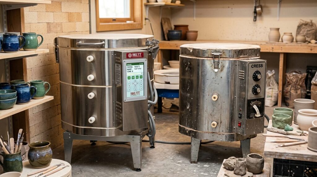 Close-up comparison shot of two ceramic kilns side by side i