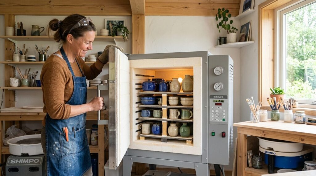 Craftsperson opening a well-designed ceramic kiln in a home 