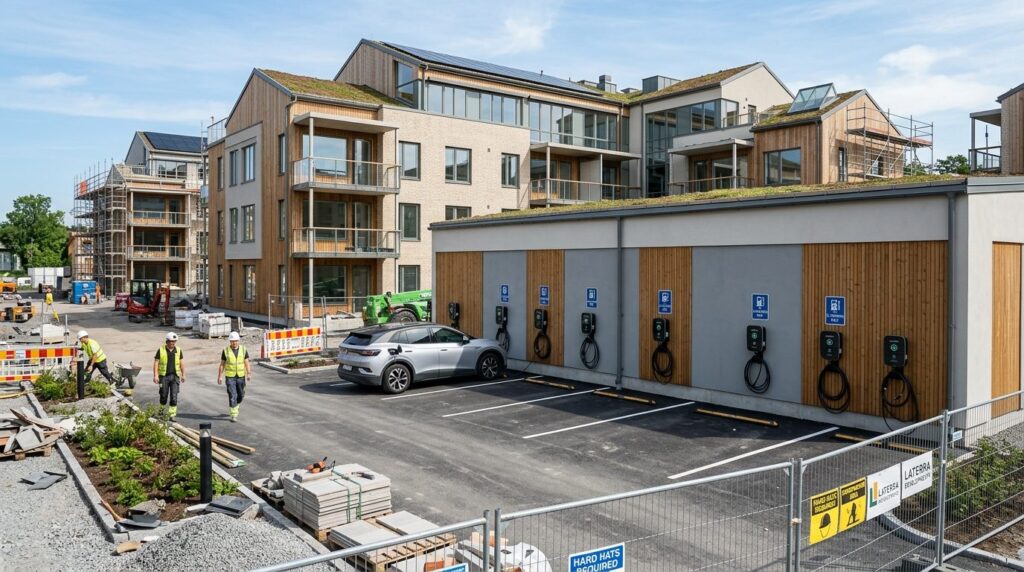 Wide angle professional photograph of a residential construc