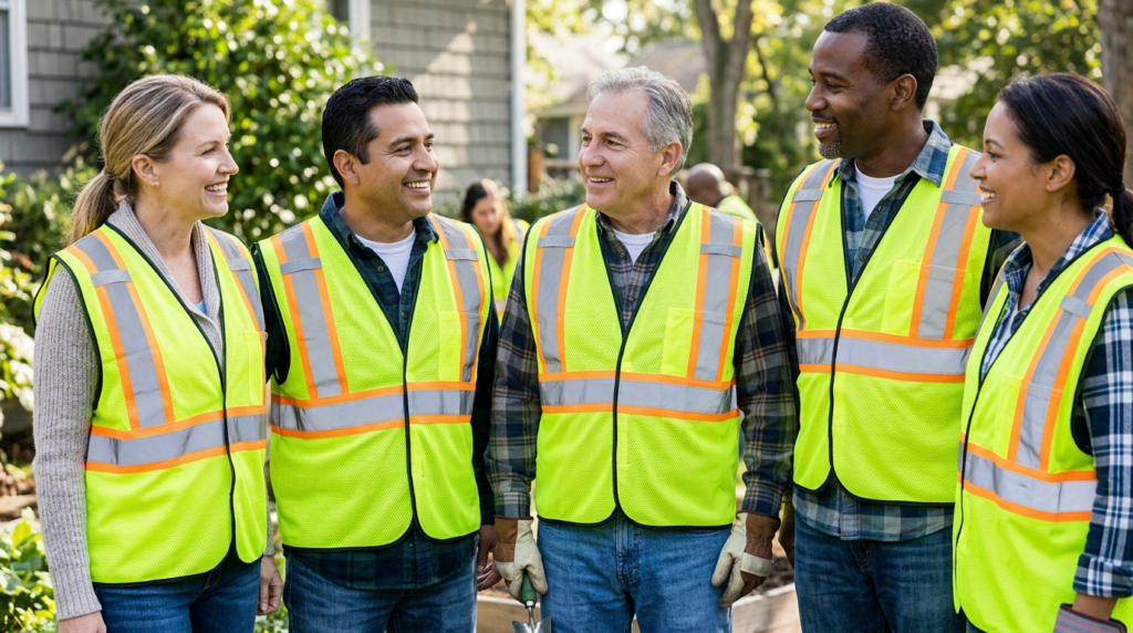 Close-up professional photograph of a group of neighbors wea
