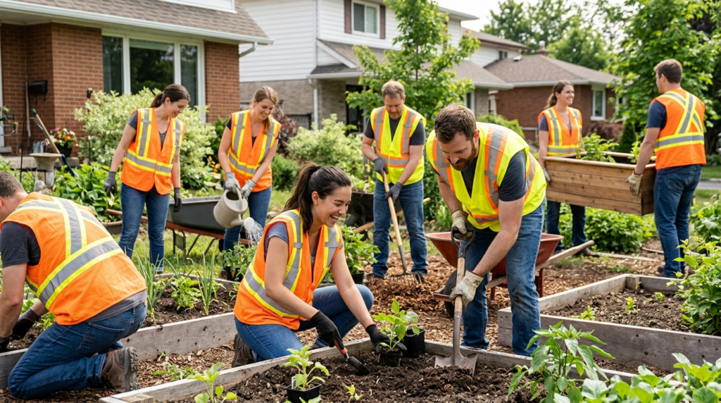 Action photograph of volunteers in coordinated orange and ye