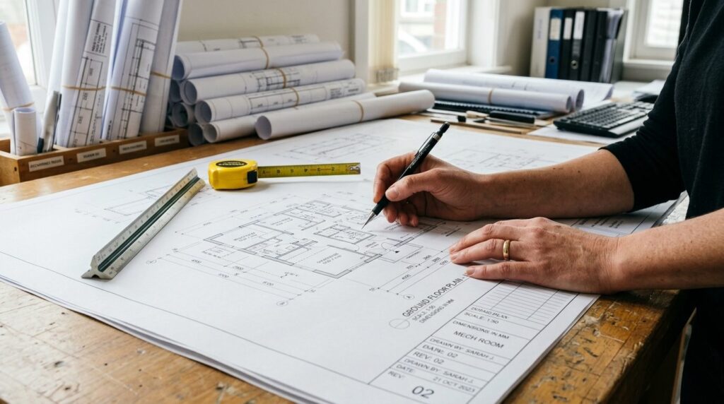 Close-up view of hands of a DIY builder or architect examini