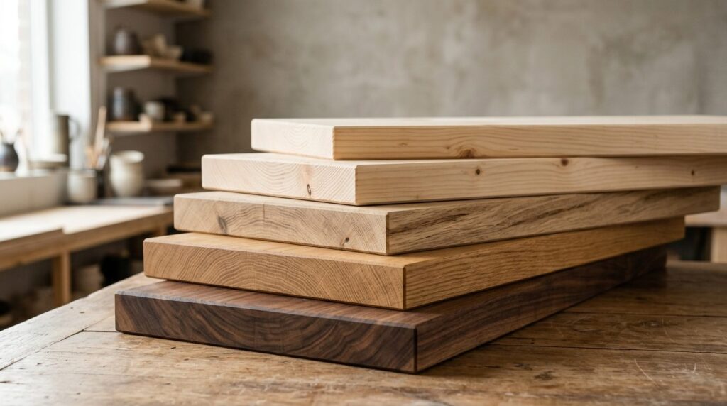 Close-up professional product photography of thick wooden sh