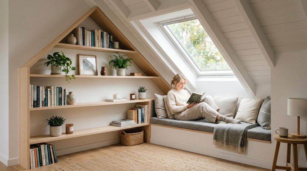 Modern home interior showing fitted wooden shelves installed