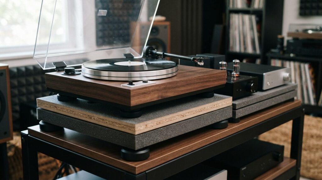 Close-up product photography of a vinyl turntable setup on a