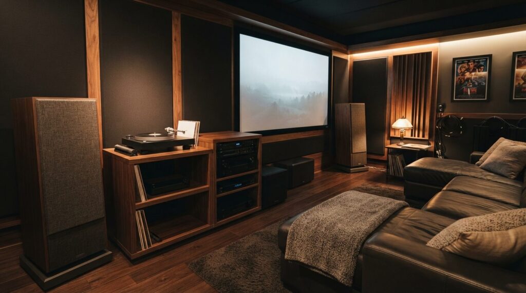 Wide-angle shot of a home theater room corner showing optima