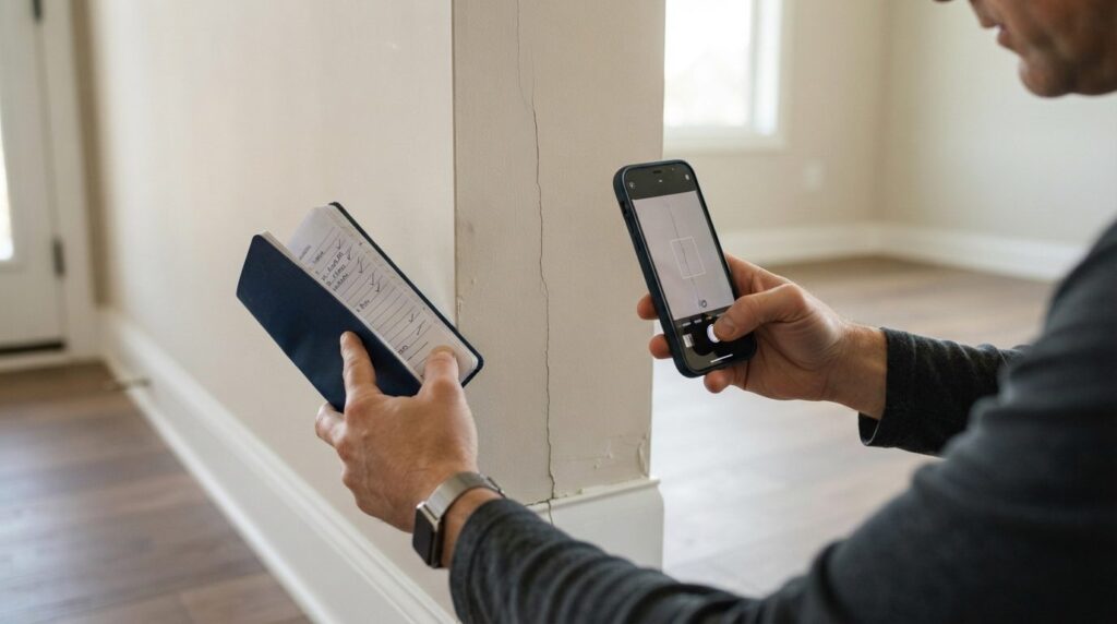 Homeowner taking notes and photographing minor construction 