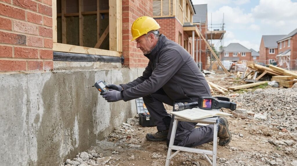 Building surveyor using moisture meter and inspection equipm