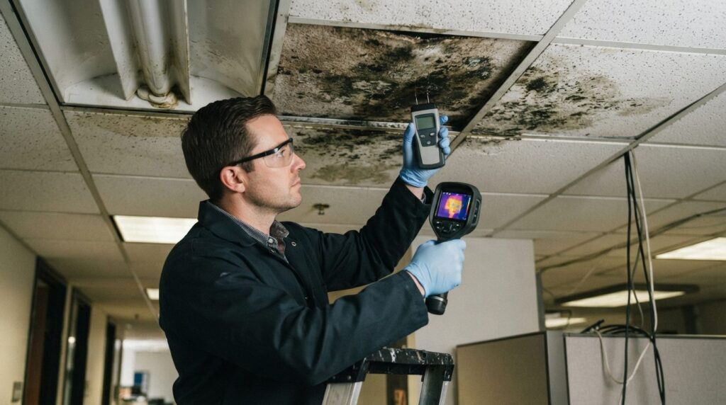 Close-up of commercial property defect assessment, inspector