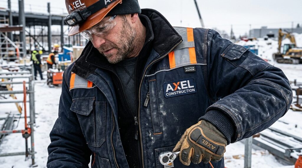 Close-up detail of worker wearing branded professional work