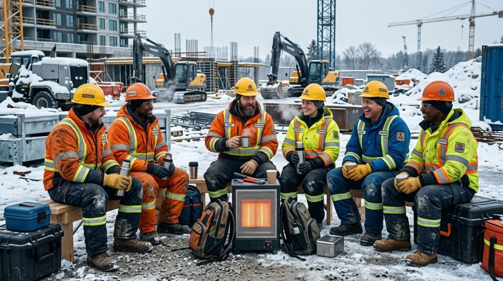Team of construction workers in winter work uniforms and saf