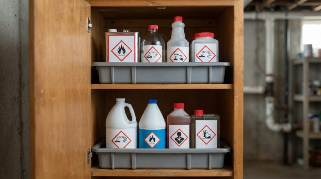 Close-up photorealistic shot of dangerous household chemical
