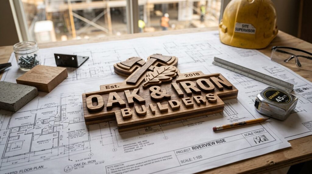 Close-up photorealistic shot of a crafted 3D logo prototype 