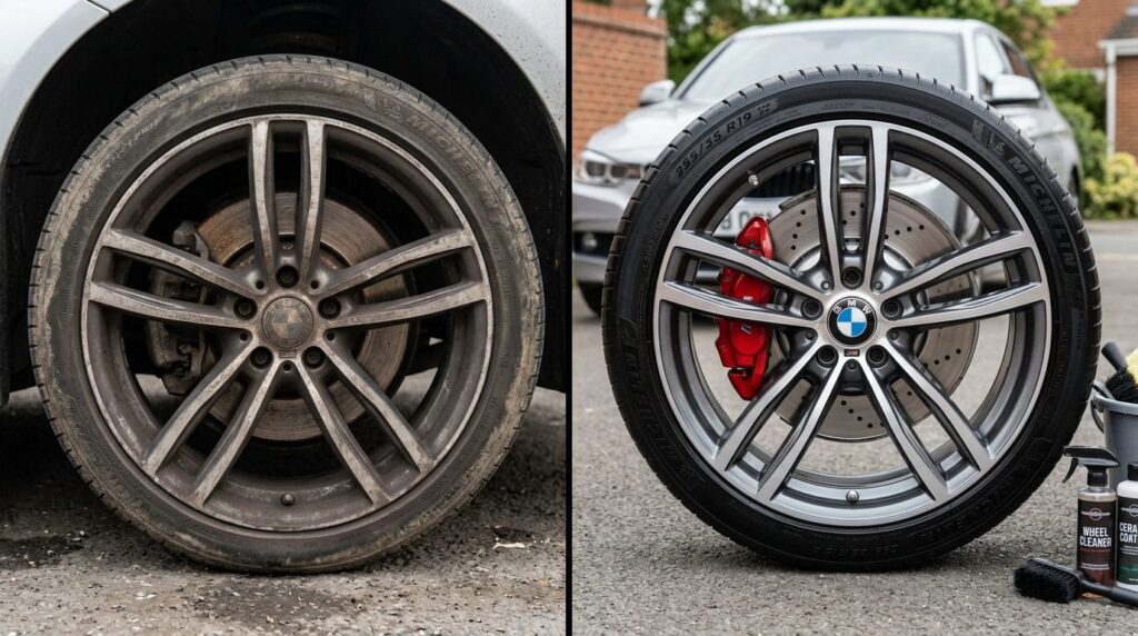 Automotive maintenance scene: Comparison split-view showing 